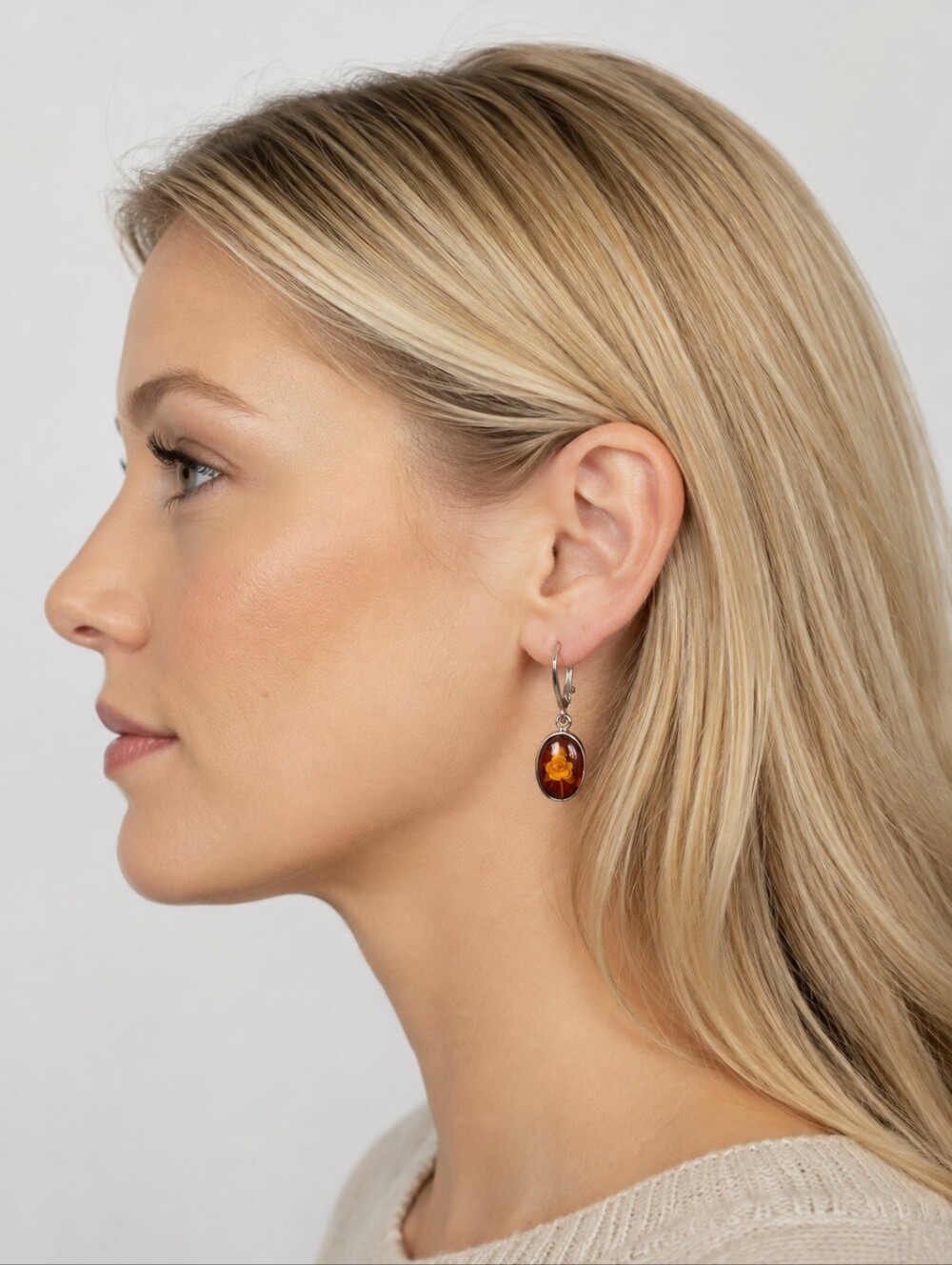 Vessel Amber and Sterling Silver Earrings w/ White Rose- Vintage- Made In Poland